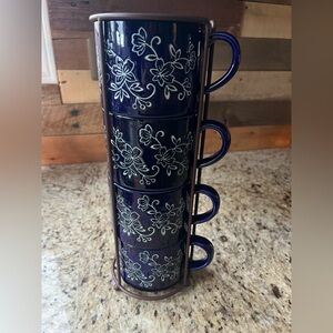 Temp-tations Blue Floral Lace Stacking 14 ounce Mugs with Metal Stand